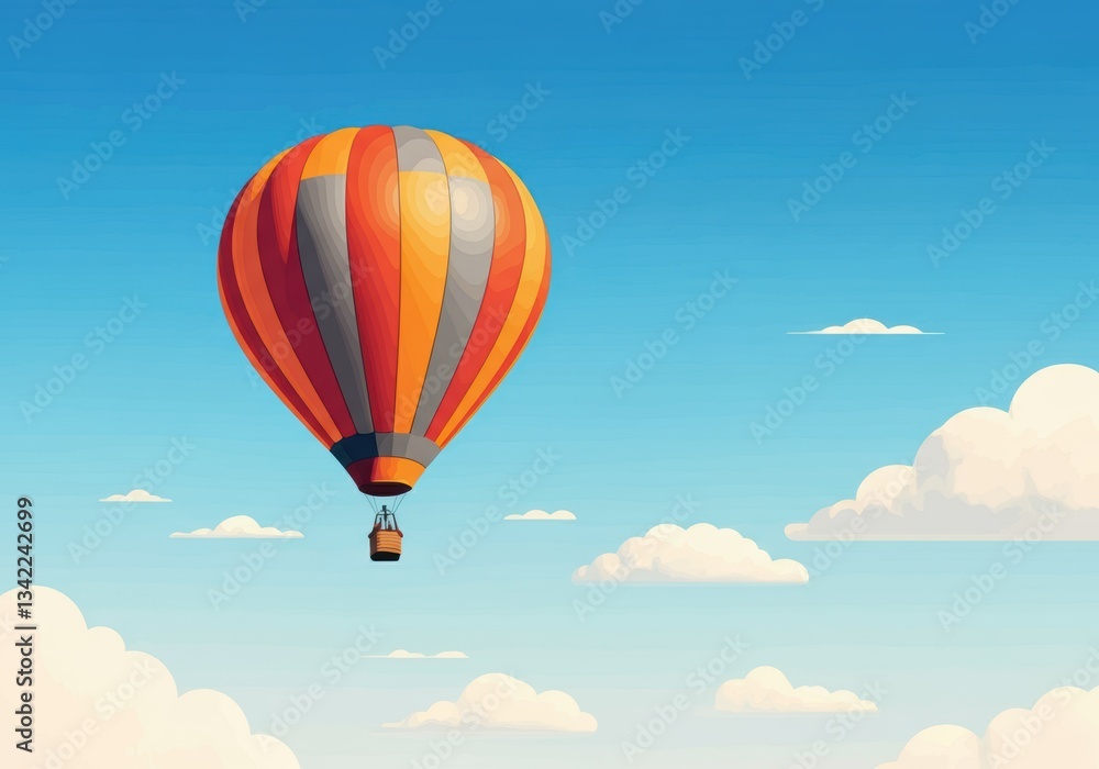 Colorful hot air balloon soaring through a clear blue sky Colorful hot air balloon soaring through a clear blue sky