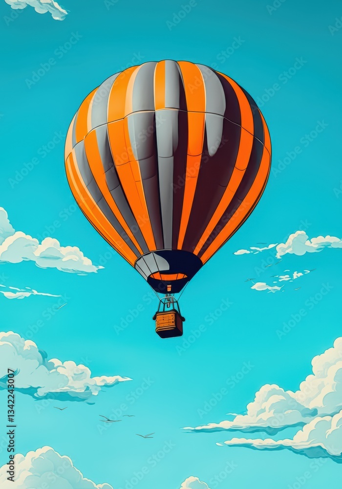 Obraz premium Colorful hot air balloon soaring through a bright blue sky with fluffy clouds