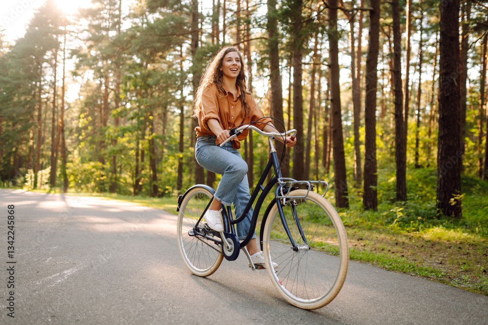 Obraz premium Young modern woman rides bicycle in the park. Sports activities. Taking care of environment