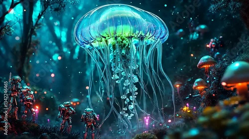 Ethereal glowing jellyfish floating above a vibrant alien forest with robotic figures exploring