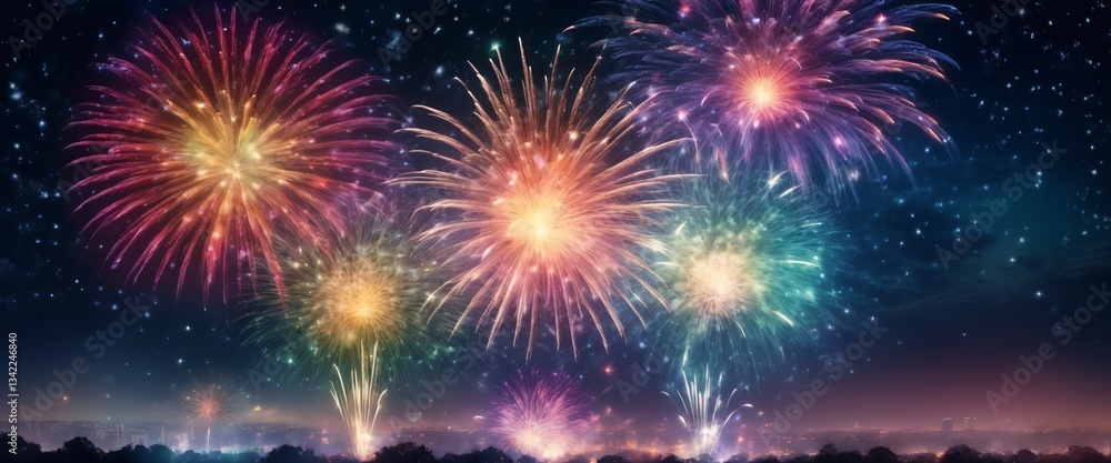 Fototapeta premium Dazzling display of fireworks bursting in a variety of colors against the night sky, symbolizing celebration festivity