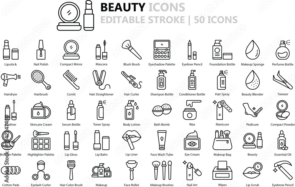 Beauty Icon Set In Outline Style 50 Vector Icons In Black Beauty Icon Set In Outline Style 50 Vector Icons In Black