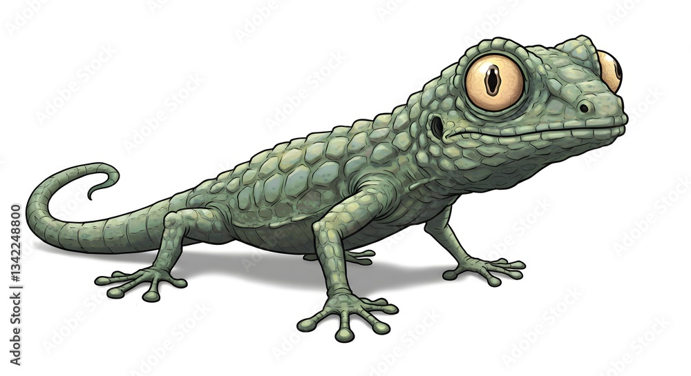Obraz premium Cartoon Lizard Illustration with Big Eyes on White Background Looking Towards