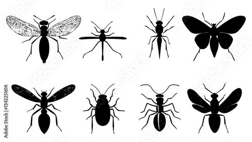 A collection of various insect silhouettes, including a butterfly, beetle, dragonfly, ant, and grasshopper