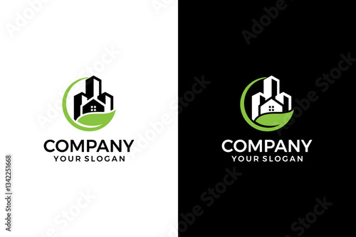 eco green leaf city building logo for ecology theme, real estate agency, building company, urban landscape, city life.	