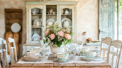 French Country Dining Room: Picture a charming dining room with rustic wooden furniture, soft pastels, floral prints, and vintage tableware, creating a welcoming and elegant French country style