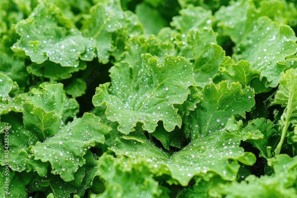 Dew-kissed green leafy vegetables thriving in a lush garden bed Dew-kissed green leafy vegetables thriving in a lush garden bed