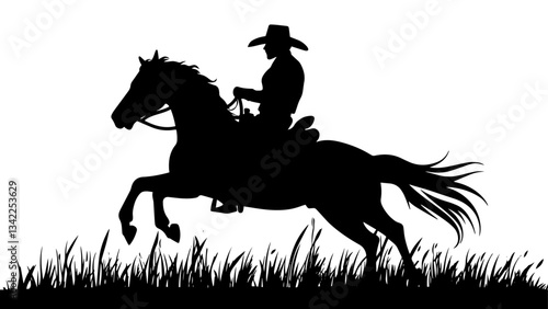 A cowboy silhouette jumping off a moving horse in pursuit