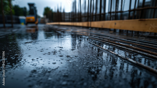 Wallpaper Mural Close-up of wet concrete curing on a reinforced slab, with wooden supports and steel rebar structure visible beneath the surface. Torontodigital.ca