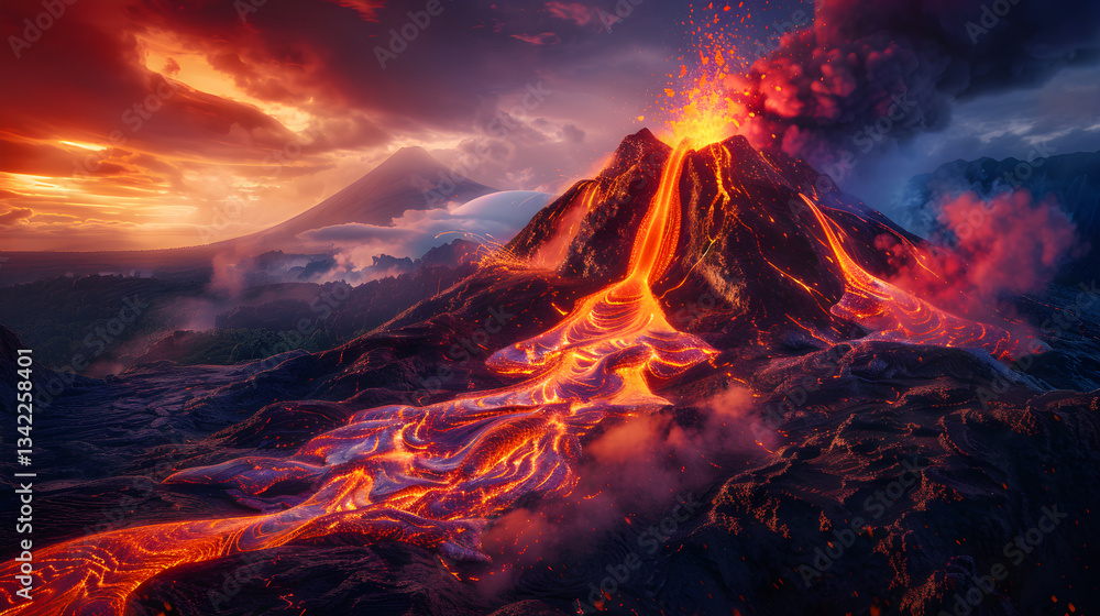 Captivating Display of Nature's Wrath: A Majestic Volcanic Eruption in the Dark of Night Captivating Display of Nature's Wrath: A Majestic Volcanic Eruption in the Dark of Night