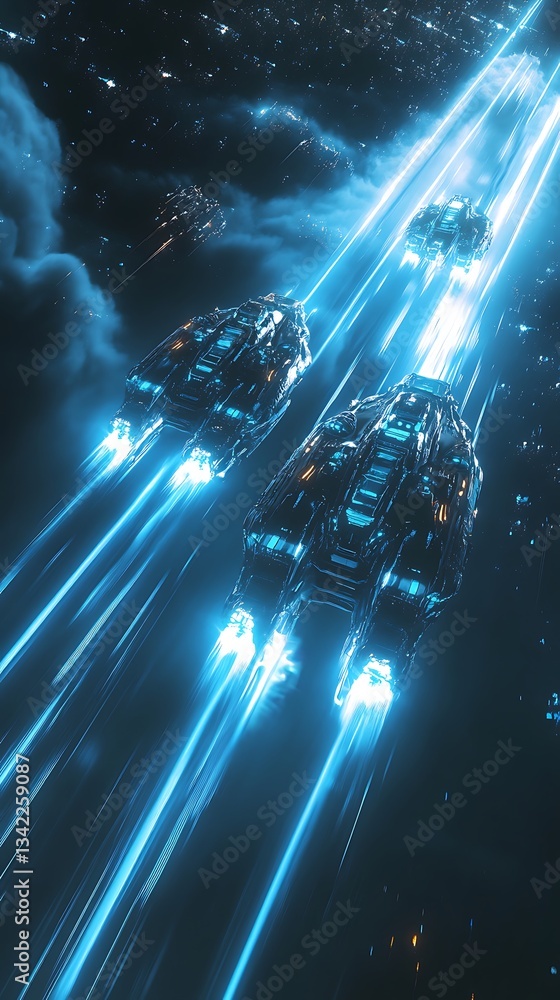 Fototapeta premium Futuristic spacecraft traveling through a vibrant, glowing cosmic environment.