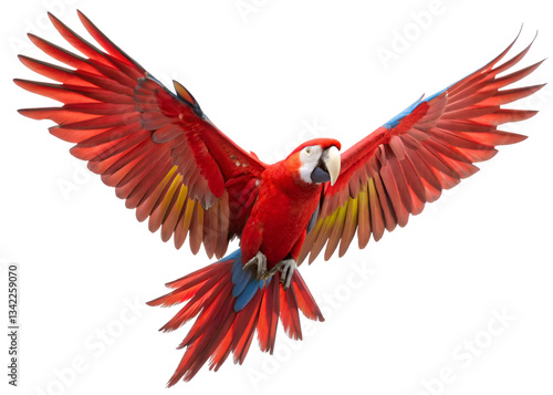 Colorful flying Scarlet Macaw parrot isolated on white background with clipping path.