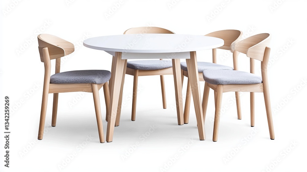 A modern white wooden round dining table with four matching chairs, isolated on a white background A modern white wooden round dining table with four matching chairs, isolated on a white background
