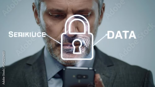 Wallpaper Mural A man in a suit engages with his smartphone while a digital representation of a lock appears above the device, indicating emphasis on security and privacy in communication. Torontodigital.ca
