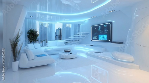 Futuristic Tech Loft: a sleek, high-tech loft with smart furniture, built-in tech features, minimalist design, and futuristic lighting that creates a modern, cutting-edge living space