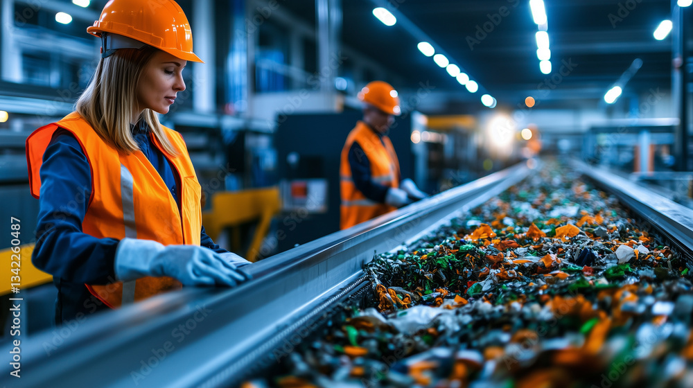 Obraz premium Organic waste on a conveyor belt, being separated by specialized machines in a bright, spacious recycling center, with workers overseeing the process.