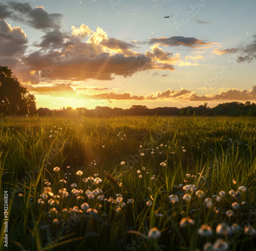 A Golden Sunset Casting Warm Light Over a Meadow Filled with Blooming Flowers