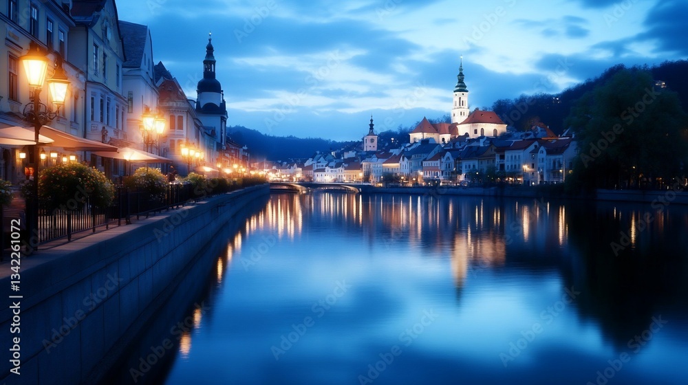 Obraz premium European town by river at twilight