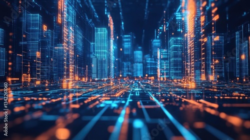 Futuristic Digital Cityscape With Glowing Neon Lights And Abstract LinesAnd Shapes. The Cityscape Includes Modern Structures With Geometric Patterns. It Illustrates Energy, Innovation, And Progress