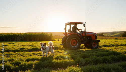 Farmer driving tractor with dog running on green field