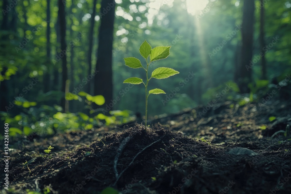 A small green sprout emerges from dark soil in a sun-dappled forest. New life and growth in nature A small green sprout emerges from dark soil in a sun-dappled forest. New life and growth in nature