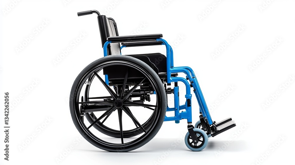 A right-side view of a blue and black wheelchair, isolated on a white background, representing comfort, travel, and medical support A right-side view of a blue and black wheelchair, isolated on a white background, representing comfort, travel, and medical support