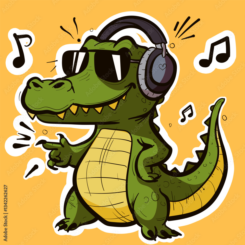 Obraz premium Cool crocodile with headphones listening to music. Quirky t-rex with sunglasses.