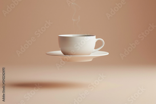 Cup of coffee floating in the air on a minimalist warm background