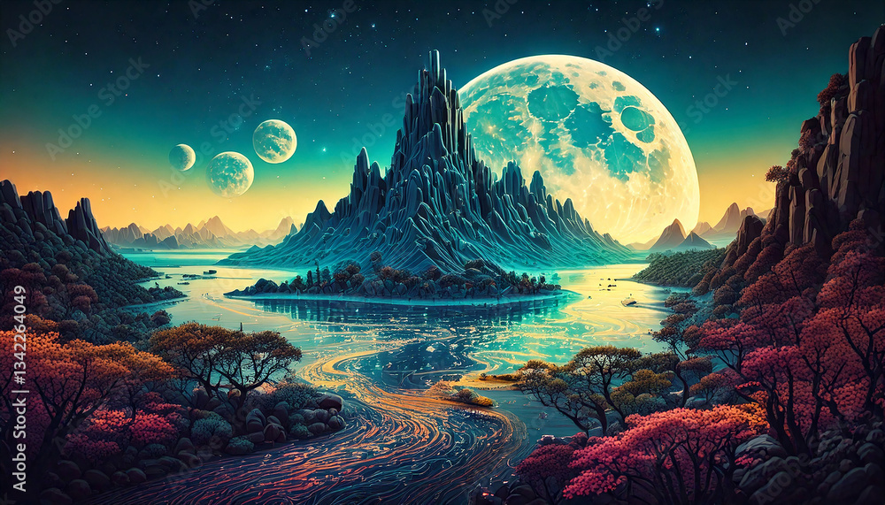 Fototapeta premium Mysterious Alien Landscape with Twin Moons and Vibrant Autumn Foliage