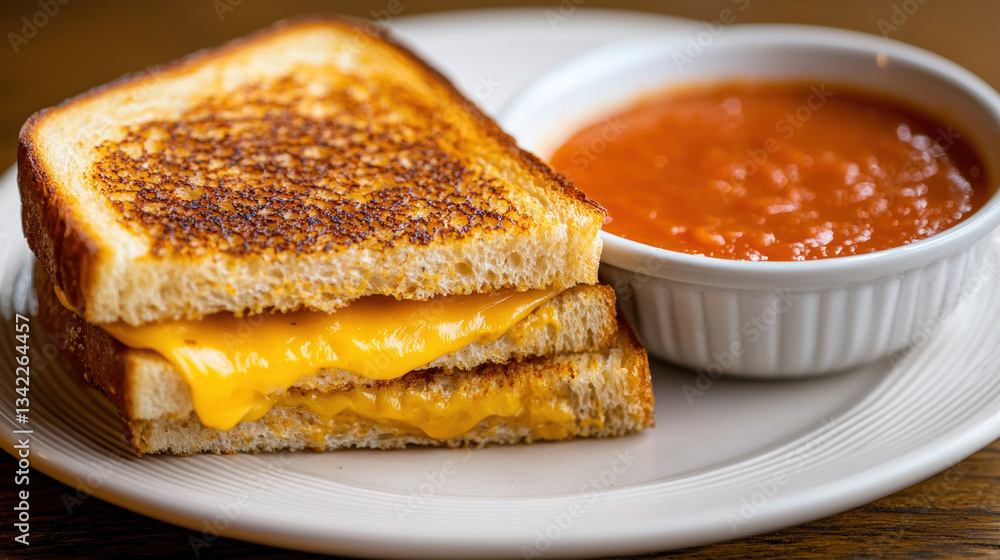 Grilled cheese sandwich with melted cheddar, golden crispy bread, and a side of tangy tomato soup, served on a simple plate with a homey kitchen vibe Grilled cheese sandwich with melted cheddar, golden crispy bread, and a side of tangy tomato soup, served on a simple plate with a homey kitchen vibe