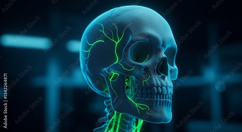 3D Render of Human Skull with Illuminated Vascular System, Detailed Anatomy, Medical Illustration, Blue and Green Lighting, Science and Healthcare Concept 3D Render of Human Skull with Illuminated Vascular System, Detailed Anatomy, Medical Illustration, Blue and Green Lighting, Science and Healthcare Concept