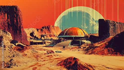 Futuristic desert landscape with a dome structure under a large moon, depicting a vibrant sunset scene