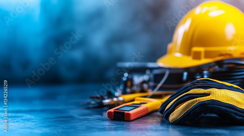 A close-up of electrical tools, including a voltage tester, insulated gloves, and a yellow helmet, arranged on a sturdy work surface, emphasizing safe practices.