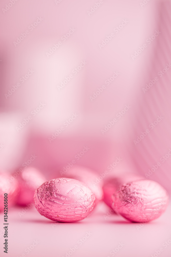 Chocolate easter eggs wrapped in pink colored foil on pink background. Chocolate easter eggs wrapped in pink colored foil on pink background.