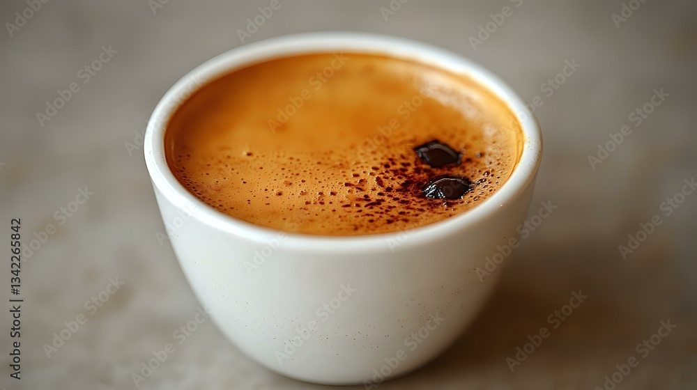 Fresh espresso with golden crema and cocoa powder in white ceramic cup on rustic surface, shallow depth of field creates soft background blur.