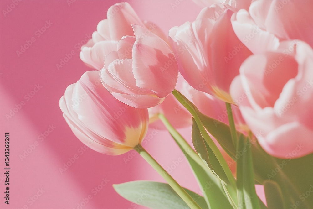 Obraz premium Soft Pink Tulips in Sunlight Against a Blush Pink Background