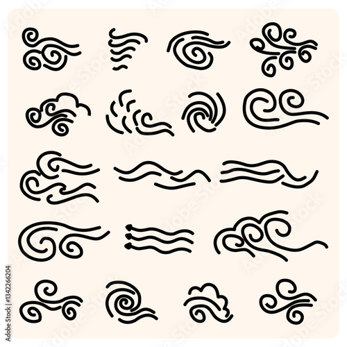 Leaf wind doodle. Hand drawn doodle wind motion, air blow, leaf falling elements. doodle wind blow, gust design 