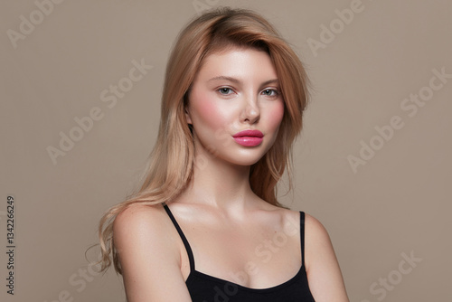 Wallpaper Mural Beauty fashion portrait of a young blonde woman with a long hair,  flawless clean skin, pink lips, and minimal makeup on a pastel beige background. Torontodigital.ca