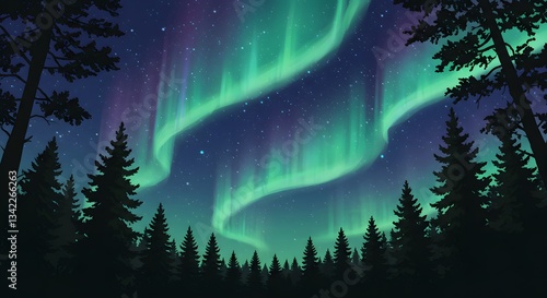 Aurora Borealis Over Forest Scenic Night Sky Northern Lights Display