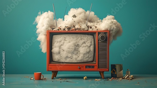 Vintage TV Exploding Cloud Surreal Image