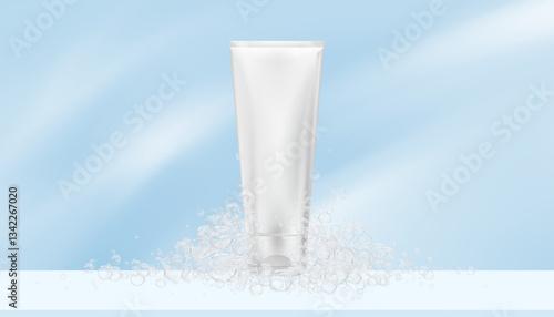 White mockup tube of cream with soap bubbles on blue studio background.Packaging product of beauty treatment medical skincare, cosmetic lotion cream for face and body, healthcare concept