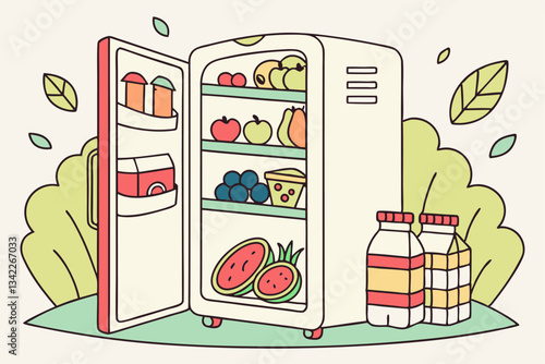 Vector illustration of a refrigerator stocked with tasty food items. Perfect for kitchen, grocery, and meal prep designs. Flat cartoon style for vibrant and appealing visuals.