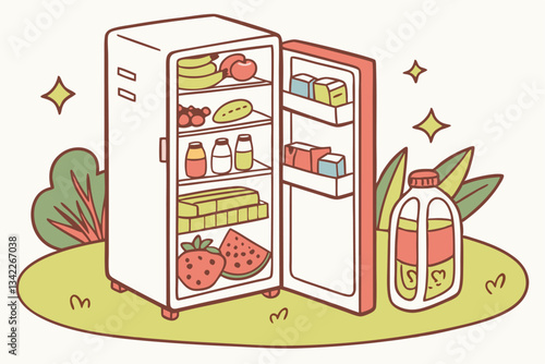 Vector illustration of a refrigerator stocked with tasty food items. Perfect for kitchen, grocery, and meal prep designs. Flat cartoon style for vibrant and appealing visuals.