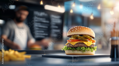 A trendy food truck with a chalkboard menu featuring gourmet burger options, as the chef carefully assembles a mouthwatering double cheeseburger.