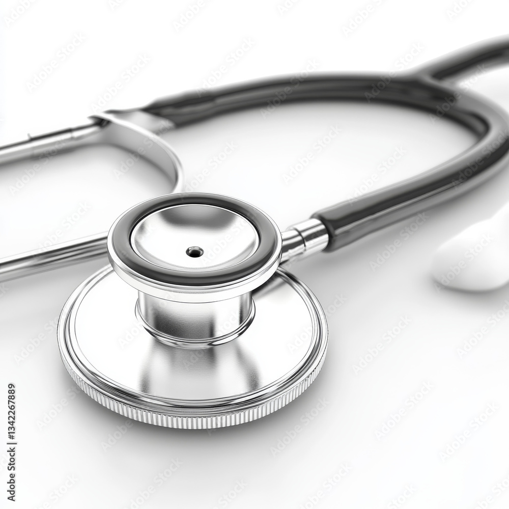 Close up of shiny metal stethoscope on white background for medical diagnostics healthcare equipment and hospital examination tools Close up of shiny metal stethoscope on white background for medical diagnostics healthcare equipment and hospital examination tools