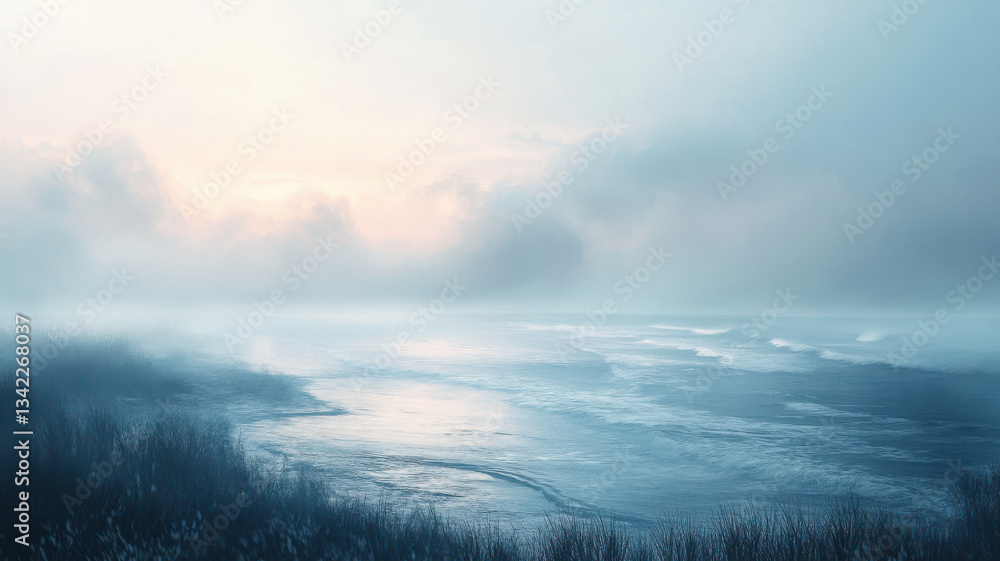 Obraz premium Foggy seascape at sunrise.