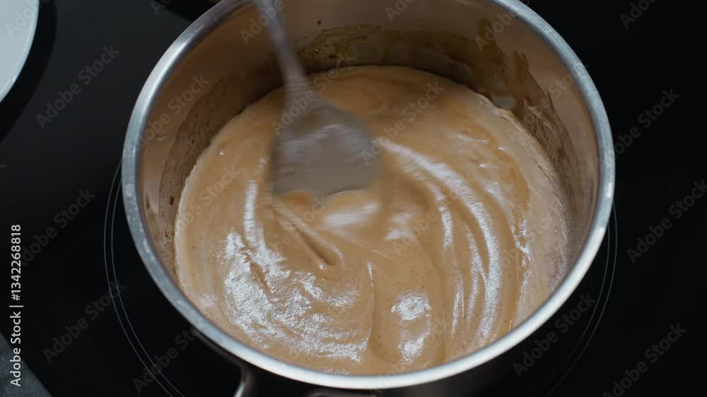Close-up of cook stirring smooth pap on electric stove, creating a creamy texture with a partial view of a white plate, the thick porridge swirls as it is carefully prepared Close-up of cook stirring smooth pap on electric stove, creating a creamy texture with a partial view of a white plate, the thick porridge swirls as it is carefully prepared