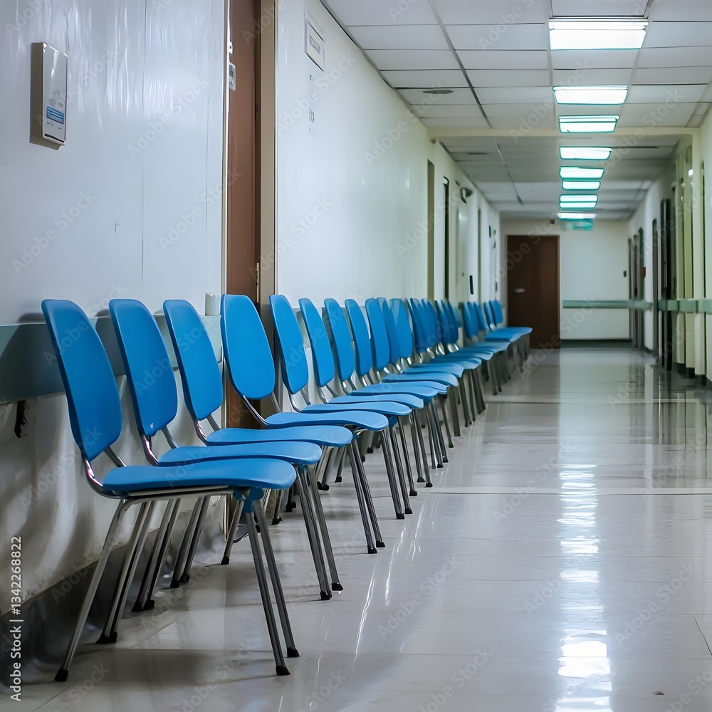 Fototapeta premium Blue Waiting Chairs in a Clinical Hallway with Bright Lighting