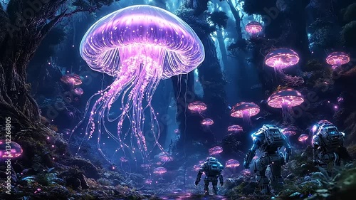 Futuristic explorers encounter a glowing jellyfish in an ethereal forest filled with bioluminescent plants
