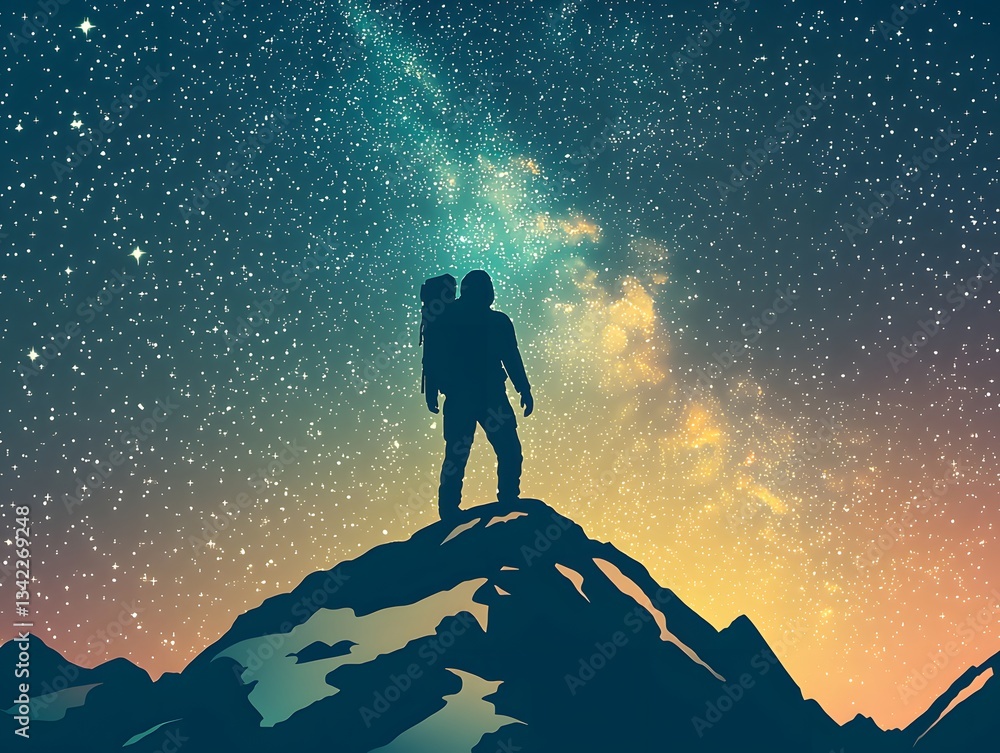 Astronaut Standing on Mountain Under Starry Night Sky Astronaut Standing on Mountain Under Starry Night Sky